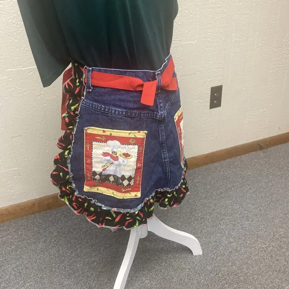 Hand Made Lee Denim Apron Red Hot, Chili Peppers, Lace, Trim, Chef Pockets